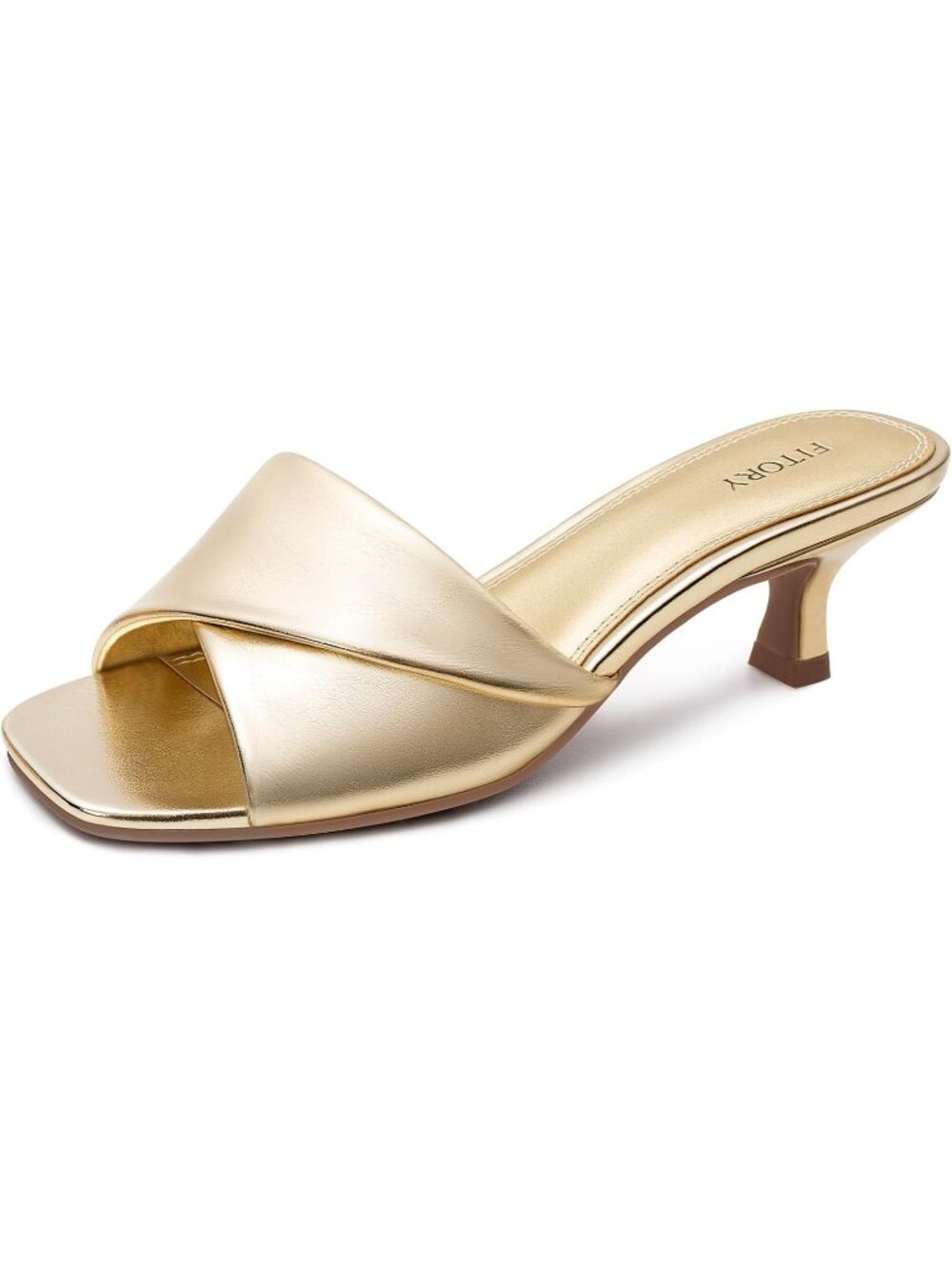 Women's Gold Comfortable Square Open Toe Cross Band Kitten Low Heel Sandals